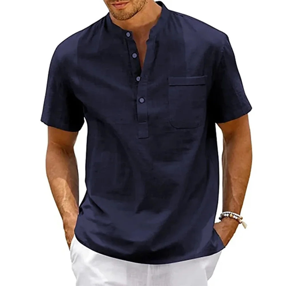 Men's Cotton Linen Henley Shirt – Casual